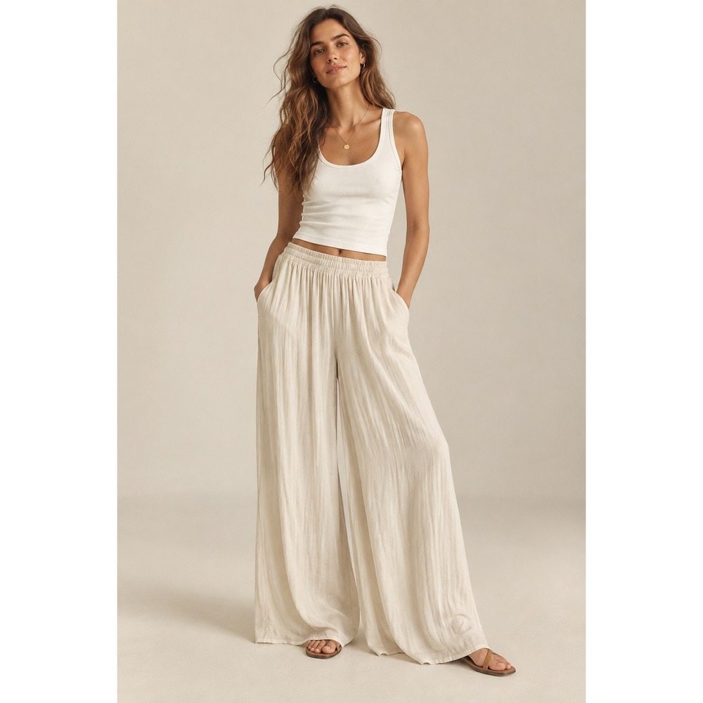Zara Womens Beige Wide Leg Flowy Pants Elastic Waist Pockets Size M Champagne